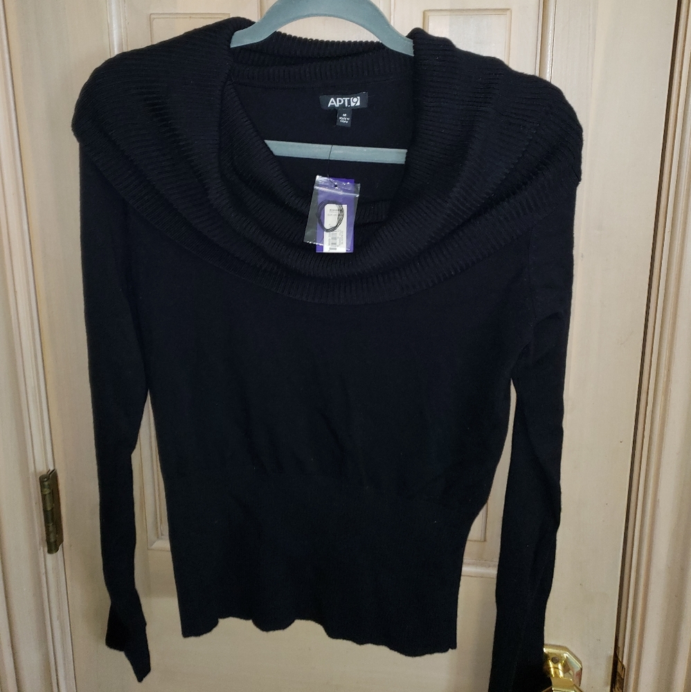 NWT APT 9 Black sweater Cowl neck large collar misses size M  knit sweater